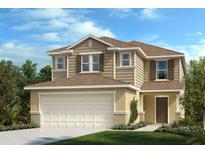 Two-story house with beige siding, brown roof, and a two-car garage at 37746 Williamette Way, Zephyrhills, FL 33540