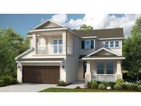 Two-story home with balcony, brown garage door, and landscaping at 7044 Foxboro Way, Nokomis, FL 34275