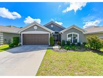 Gray house with brown garage door, landscaping, and driveway at 14308 Edinburgh Moor Dr, Wimauma, FL 33598