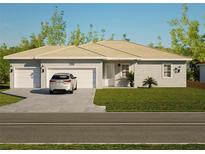 Single-story home with two-car garage and landscaped lawn at 49 Mark Twain Ln, Rotonda West, FL 33947