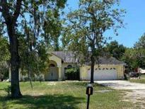 Quaint single-story home with mature trees and an attached two-car garage, set back from the street at 18316 Oxenham Ave, Spring Hill, FL 34610