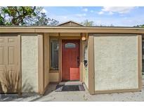 Welcoming front entrance with a decorative red door, side window, and neutral-colored textured facade at 3216 Doe Ct, Brandon, FL 33511