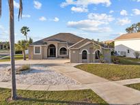 Stunning single-story home with manicured lawn, long driveway, mature palms and elegant architectural details at 821 Greenview Dr, Apollo Beach, FL 33572