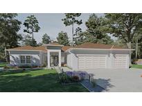 Charming single story home with a three car garage and a manicured lawn, nestled among mature trees at 15945 Viscount Cir, Port Charlotte, FL 33981