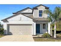 Two-story home featuring gray stucco, attached two-car garage, and a front entrance with a palm tree at 14853 Crescent Rock Dr, Wimauma, FL 33598