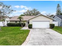 Charming single-story home featuring a well-manicured lawn, mature landscaping, and an attached two-car garage at 6731 Ranger Dr, Tampa, FL 33615