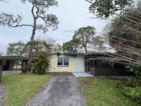 Cozy single-story home featuring a driveway and a quaint front yard with mature trees at 1501 Delaware Ne Ave, St Petersburg, FL 33703