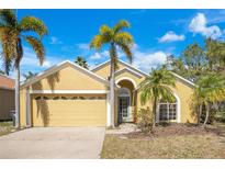 Charming single-story home with a two-car garage and well-maintained landscaping featuring tropical palm trees at 7622 Hampshire Garden Pl, Apollo Beach, FL 33572