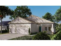 Charming single-story home featuring a two-car garage, landscaped front yard, and a welcoming teal front door at 151 April Rd, Rotonda West, FL 33947