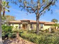 Charming single-story home featuring a clay tile roof and lush landscaping at 5485 Sunset Falls Dr, Apollo Beach, FL 33572