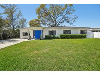 Charming home featuring bright blue double doors and a well-manicured lawn at 4335 S Coolidge Ave, Tampa, FL 33611