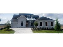 Charming single-Gathering home boasts a manicured front yard, stone paver drive, and light gray facade at 5013 Sea Branch Ave, Apollo Beach, FL 33572