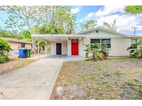 Charming single-story home with a red front door, carport, and well-lit entry, creating a warm, inviting curb appeal at 4218 E Paris St, Tampa, FL 33610
