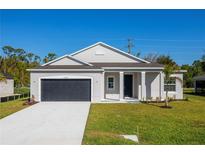 Charming single-story home with a well-manicured lawn, a dark gray garage door, and neutral color palette at 25372 Alicante Dr, Punta Gorda, FL 33955