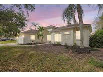 Stunning home with manicured lawn, palm trees, and a neutral color scheme, beautifully lit against a sunset sky at 11019 Pine Lilly Pl, Lakewood Ranch, FL 34202