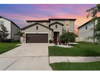 Charming two-story home features a manicured lawn, two-car garage, and inviting entryway at 13532 Palmera Vista Dr, Riverview, FL 33579