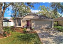 Charming single-story home with a well-manicured lawn, two-car garage, and a beautiful dark purple front door at 1610 Spinning Wheel Dr, Lutz, FL 33559