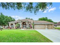 Charming ranch-style home with manicured lawn, complemented by a three-car garage and mature landscaping at 12320 Creek Edge Dr, Riverview, FL 33579