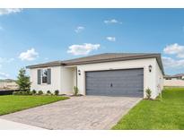 Charming single-story home with a paved driveway, well-maintained lawn, and a gray two-car garage door at 1752 Brekey Way, Zephyrhills, FL 33541