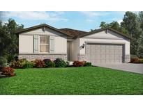 Charming single-story home featuring stone accents, an attached two-car garage, and a well-manicured front lawn at 237 Lazy Shore Dr, Nokomis, FL 34275