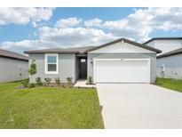 Charming one-story home featuring a two-car garage, a well-manicured lawn, and a welcoming facade at 31643 Wild Grape Ln, Brooksville, FL 34602