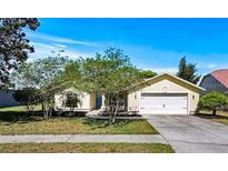 Charming single-story home featuring a well-manicured lawn and a classic white garage door at 6731 Northlake Dr, Zephyrhills, FL 33542