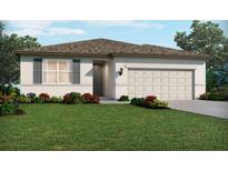 Charming single-story home showcasing manicured lawn and inviting front entrance and attached garage at 120 Runaway Field Ave, Nokomis, FL 34275