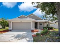 Charming single-story home with a two-car garage, manicured landscaping, and a welcoming walkway at 5009 72Nd E Ct, Bradenton, FL 34203