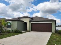 Charming one-story home features a well-kept lawn, two-car garage, and neutral color palette at 10357 Scarlet Skimmer Dr, Riverview, FL 33578