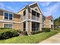 A two-story condo unit with tan stucco, green lawn, and screened-in porch at 9481 Highland Oak Dr # 609, Tampa, FL 33647