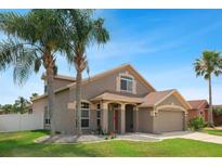 Charming single-Gathering home featuring a well-manicured lawn and mature palm trees at 29704 Eagle Station Dr, Wesley Chapel, FL 33543