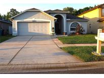 Charming single Gathering home featuring a well-manicured lawn, gray siding, and a two car garage at 30643 Tremont Dr, Wesley Chapel, FL 33543