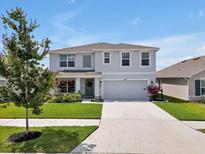 Charming two-story home with a well-manicured lawn, inviting entrance, and attached two-car garage at 5289 Fiddle Fig Ave, Wimauma, FL 33598