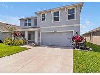 Charming two-story home featuring a spacious driveway and beautifully landscaped front yard at 5289 Fiddle Fig Ave, Wimauma, FL 33598