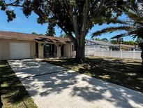Charming one-story home featuring a large front yard, driveway and mature trees creating a welcoming curb appeal at 13122 Cumberland Dr, Largo, FL 33773