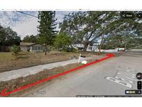 A view of the street and neighboring houses with mature trees and a paved sidewalk at 820 Bayou Ave, Tarpon Springs, FL 34689