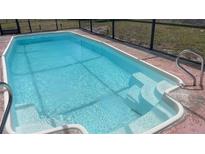 Screened in pool with clear blue water and built in steps with metal hand rails in an outdoor setting at 2580 68Th S Ave, St Petersburg, FL 33712