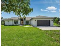 Charming single-story home with a well-manicured lawn, attached garage, and a vibrant red front door at 1438 Mclin Dr, Plant City, FL 33565