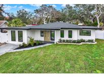 Charming single-story home featuring a well-manicured lawn, modern design, and a welcoming front entrance at 203 Driftwood W Dr, Palm Harbor, FL 34683
