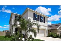 Two-story home featuring beautiful landscaping, a two car garage and a beautiful blue sky at 9188 Forge Breeze Loop, Wesley Chapel, FL 33545