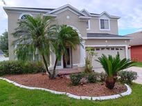 Inviting two-story home featuring a well-manicured lawn and tasteful landscaping with attractive palm trees at 10415 Lucaya Dr, Tampa, FL 33647