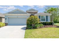 Charming single-story home with a well-manicured lawn, two-car garage, and appealing landscaping at 7308 Hermes Ct, Apollo Beach, FL 33572