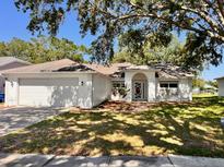 Charming single-story home featuring a well-manicured lawn, classic white exterior, and an inviting arched entryway at 7342 Skyview Ave, New Port Richey, FL 34653