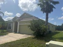 Inviting one-story home featuring a two-car garage, well-kept lawn, and a mature palm tree at 1452 Crazy Horse Dr, Lutz, FL 33559