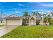Charming single-story home with a well-maintained lawn, a two car garage and lovely landscaping with palm trees at 14256 Salvatierra Ln, Port Charlotte, FL 33981