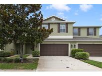 Two-story townhome with brown garage doors, matching shutters and a well-manicured lawn at 20214 Water Hickory Pl, Tampa, FL 33647