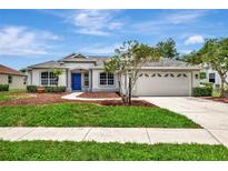 Charming single-story home with a manicured lawn, walkway, attached garage, and a striking blue front door at 11018 Pine Lilly Pl, Lakewood Ranch, FL 34202