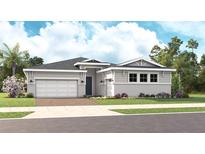 Charming single-story home with a two-car garage, tidy landscaping, and welcoming front entrance at 14448 Woodland Preserve Trl, Parrish, FL 34219