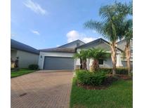 Charming single-story home with a gray exterior, brick driveway, and well-maintained landscaping at 13209 Haystack Ct, Riverview, FL 33579