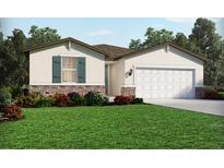 Charming single-story home with stone accents, a well-manicured lawn, and a two-car garage at 1732 Brekey Way, Zephyrhills, FL 33541